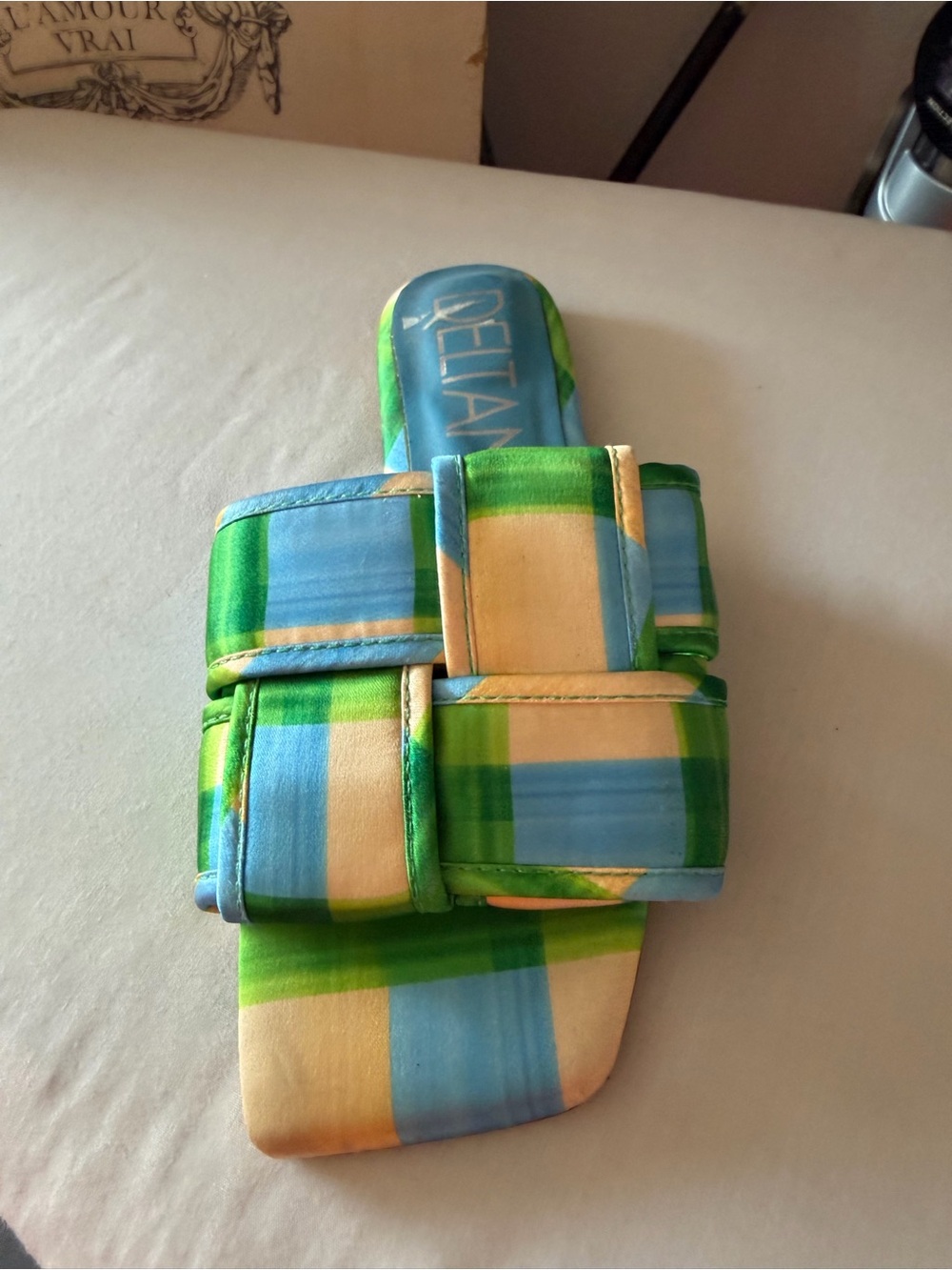 Colorblock Slide Sandal in Blue, Green & Cream